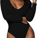 GEMBERA Women's Deep V Neck Long Sleeve Bodysuit Ribbed Knit Bodycon Thong Bodysuit Tops (Black XL)