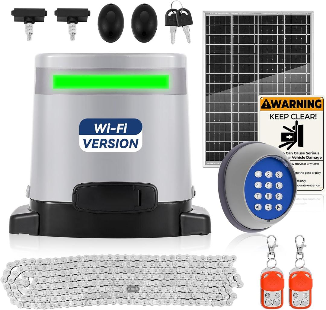 1300lbs Solar Sliding Gate Opener Chain Drive with Built-in Backup Battery, WiFi Remote Control, IR Sensor, Keypad, Automatic Gate Motor, Off-Grid Operation with Solar Panel, 280w