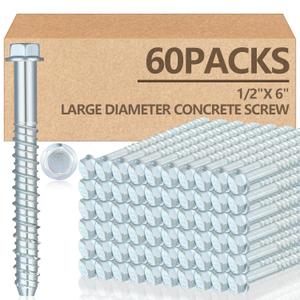 Tandefio 60 Pack 1/2" x 6" Concrete Screw Anchor Galvanized Large Diameter Heavy Duty Plated Concrete Anchors for Masonry Brick Anchoring Block Decking Framing Hex Drive