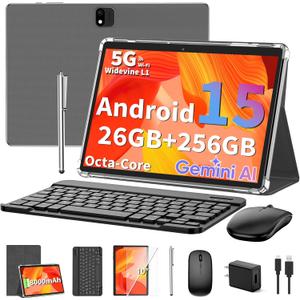 Android 15 tablet with keyboard, 26GB RAM+256GB ROM(2TB Expand), 10 inch tablet with 8000mAh Battery, 2.4G/5G WiFi, BT 5.0, 5MP+13MP Dual Camera, Gemini AI, Octa-core, Mouse, Stylus, Case(Silver)