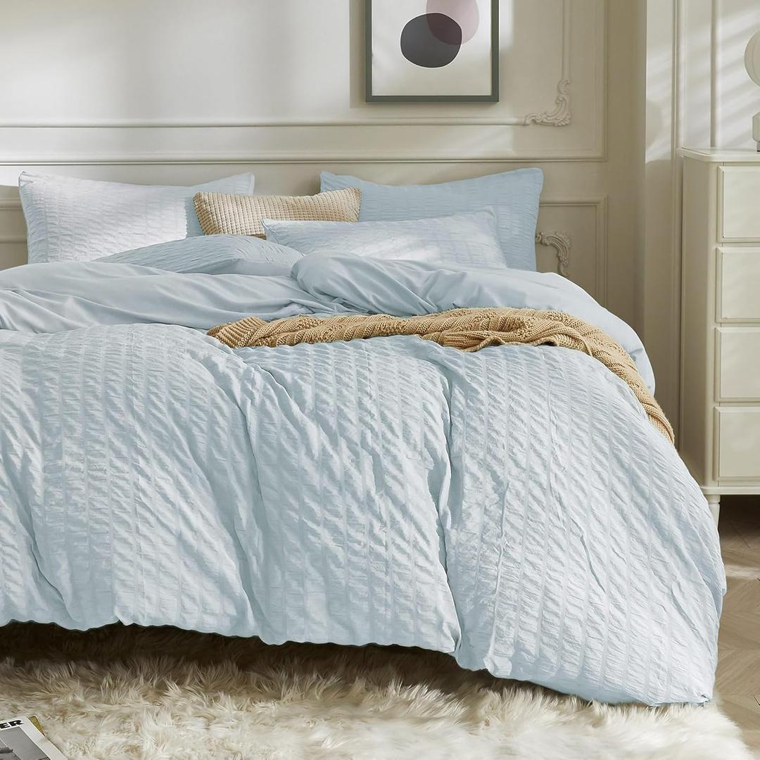 JELLYMONI Light Blue Duvet Cover Full Size, 3pcs Washed Microfiber Bedding Set, Soft Breathable Seersucker Duvet Cover Set with Zipper Closure and Corner Ties for All Seasons (Full(80"x90"))