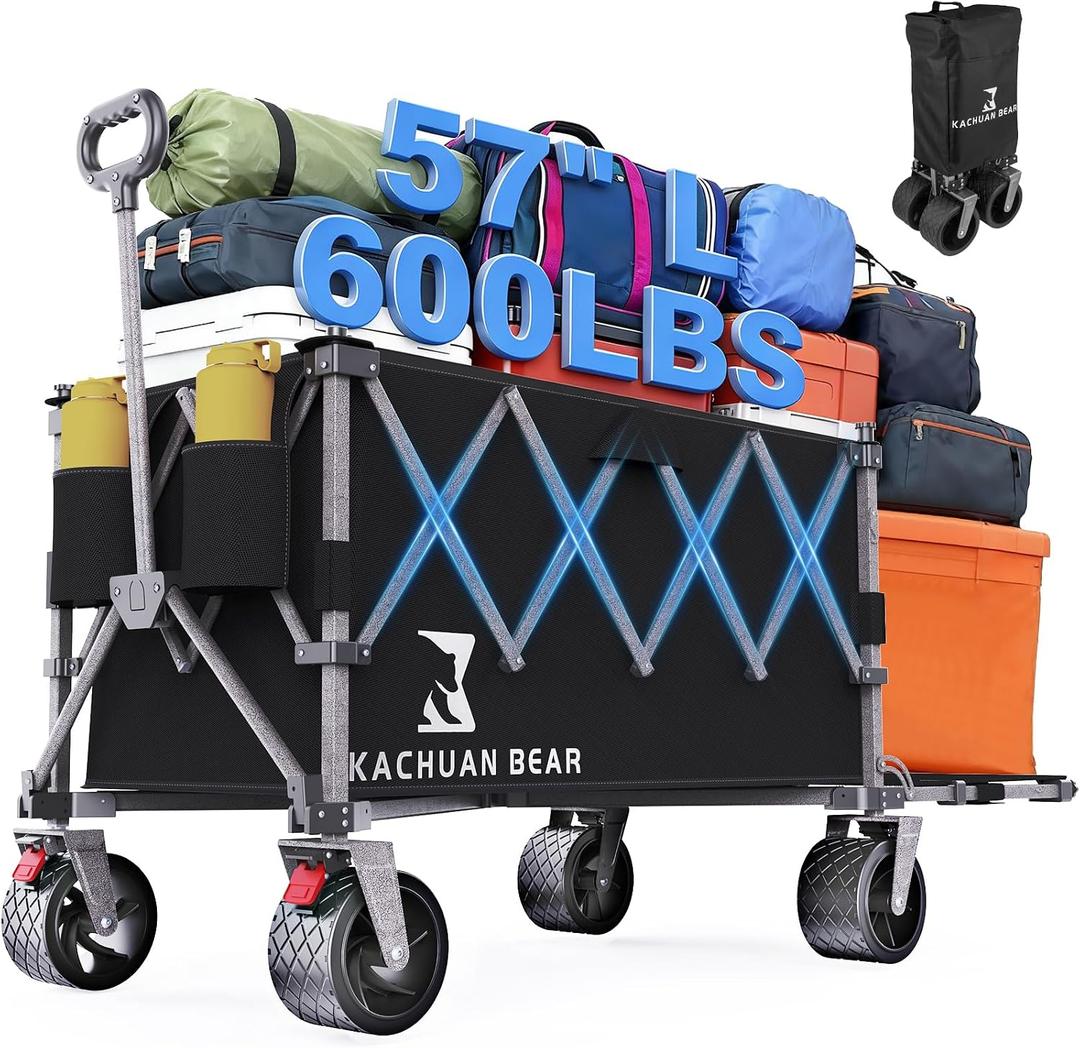 57" L Large Collapsible Foldable Wagon with Tailgate & Brake, 500LBS Heavy Duty Beach Wagons with All-Terrain Big Wheels, 300L Folding Utility Cart for Sand Garden Shopping Groceries Sports (Black)