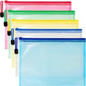 Mesh Zipper Pouch Bags - 5 Pack Waterproof Zipper Bags 13.2 x 9.4 Inch Clear Mesh Storage Pouches Assorted Colors for Home, Office, School, Travel, Puzzles, Board Game, Cosmetic, Accessories