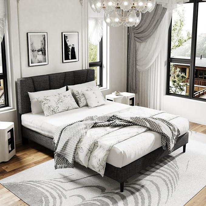 Queen Size Platform Bed Frame with Upholstered Headboard, Wooden Slats Support, Noise Free, No Box Spring Needed, Easy Assembly, Dark Grey, Linen