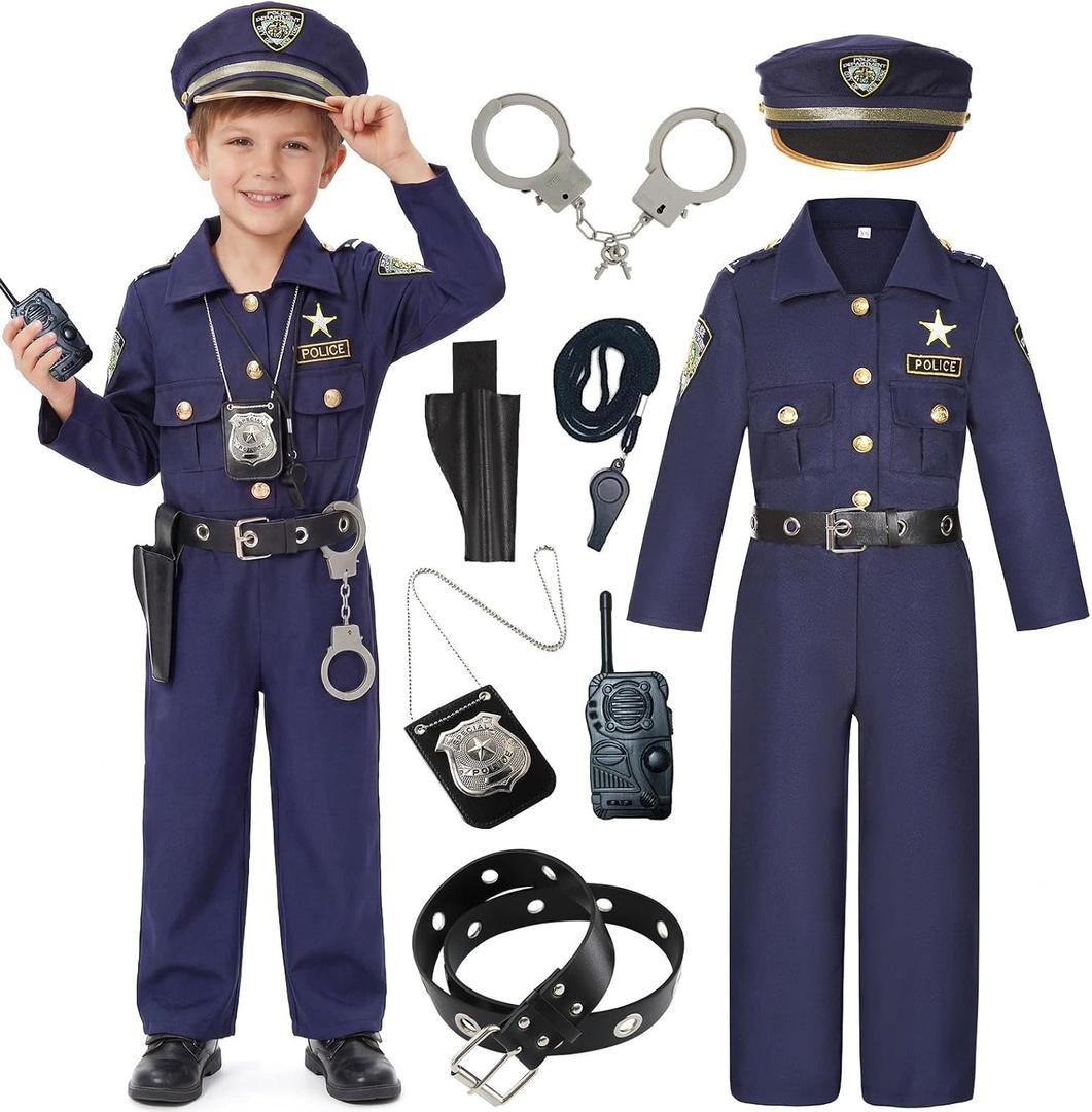 Police Officer Costume for Kids Deluxe Cop Police Costume for Boys Pretend Play Set Halloween Cosplay Party (Blue) 5-7Y
