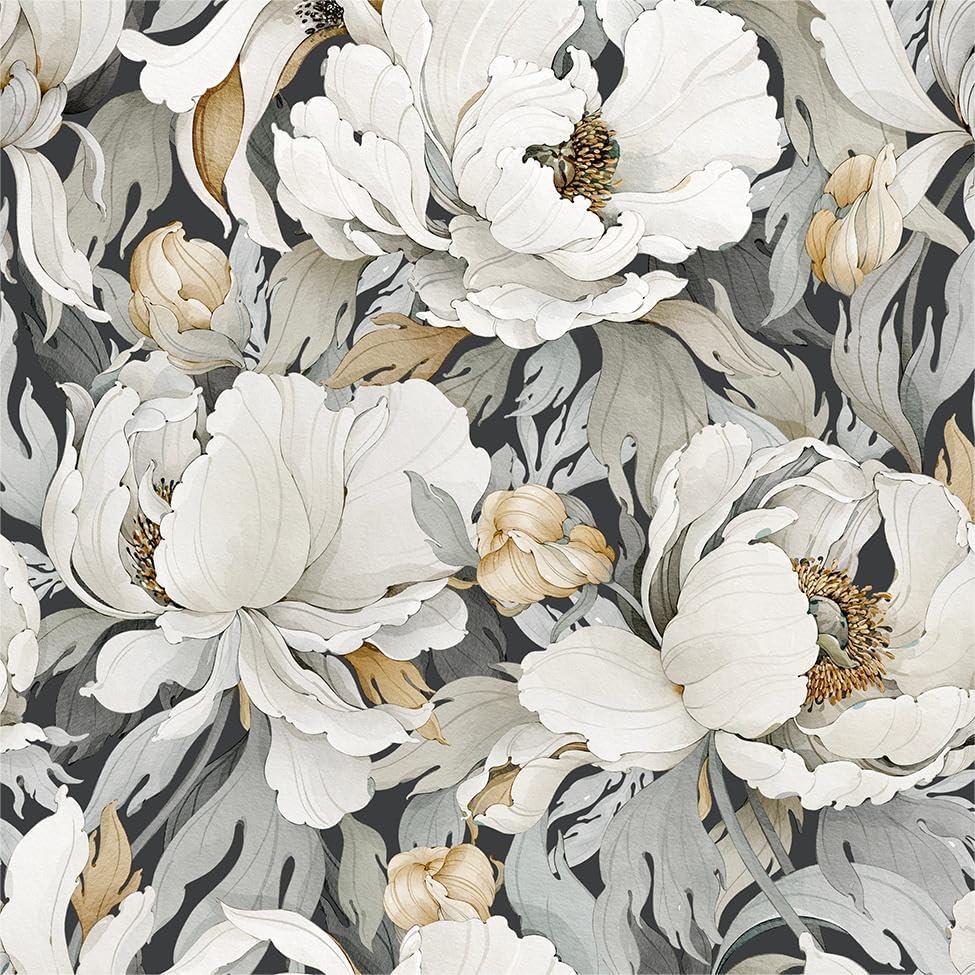 Modern Dark Grey White Poppy Floral Peony Flowers Peel and Stick Wallpaper Wall Decor Self Adhesive Wall Paper Stick on Easy Peel Off Contact for Renter Apartment (17.7"x118")