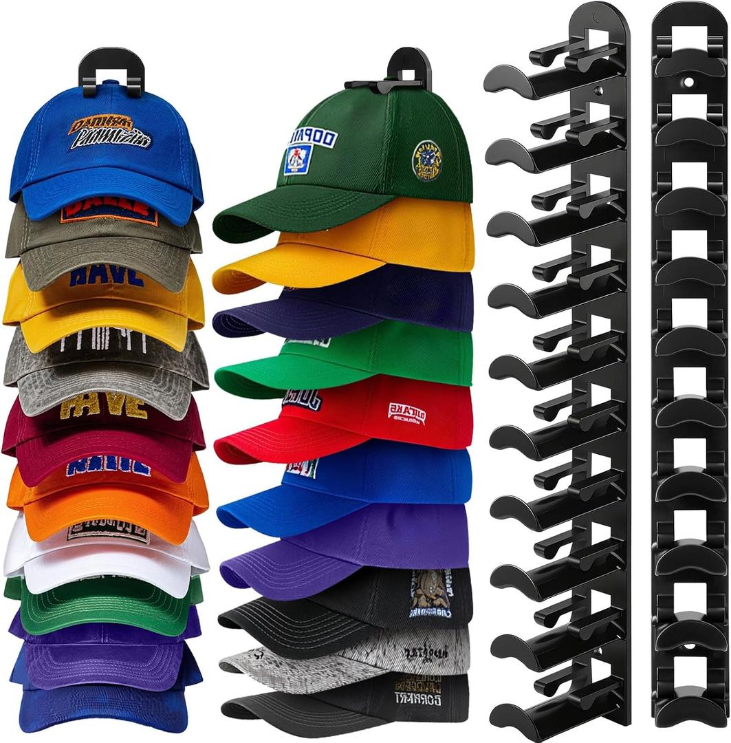 2 x Hat Hook for Wall, 2 Pack Hat Organizer Hold up to 20 Hats,Hat Holder with Strong Adhesive and 8 Pack Screws, Cap Holder Hat Hangers for Wall Closet Door and Bedroom(B-Black)