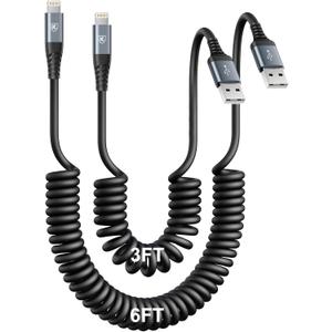 iPhone Charger Cable for Car [3FT+6FT], Coiled Lightning Cable [Apple MFi Certified] 2 Pack Lightning Cord Compatible with iPhone14 13/12/11 Pro Max/XS MAX/XR/XS/X/8/7/Plus/6S iPad/iPod-Black