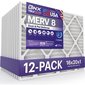 BNX TruFilter 16x20x1 Air Filter MERV 8 (12-Pack) - MADE IN USA  Dust & Pet Defense Electrostatic Pleated Air Conditioner HVAC AC Furnace Filters for Dust, Pet, Mold, Pollen MPR 600  700 & FPR 5