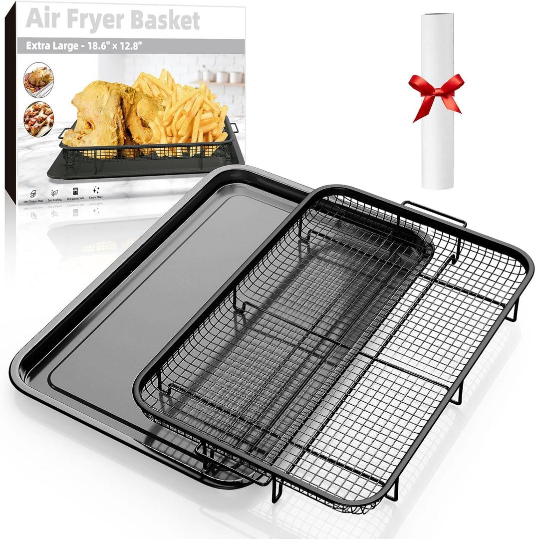 Air Fryer Basket for Oven, Extra Large 18.8" x 12.8" Oven Air Fryer Basket and Tray Set with 30 PCS Parchment Papers, DEGOVIN Stainless Steel Oven Pan and Crisper Tray (Black)