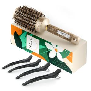Hair Brush for Blow Drying, Curling & Straightening - Ceramic & Ionic Boar Bristles Barrel Brush with 4 Clips Included