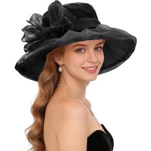 Zando Black Derby Hats for Women 2026 - Elegant Organza Kentucky Fascinator, Vintage Black Tea Party Church Hat, Foldable Wide Brim Wedding Headwear, Classic Evening Cocktail Dress Hat One Size