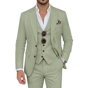 Men's Suit 3 Piece Linen Suits Slim Fit Suit Blazer Vest Pants Set Wedding Prom Tuxedos Business Casual Suit (Green, XXL)