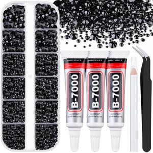 Resin Black Rhinestones for Bedazzling with B7000 Jewelry Glue, 1 Box Flatback Crystals with 3Pcs 10ml Glue for Crafting, Gems for Nail Art Makeup
