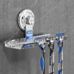2 x Razor Holder Shower - Suction Cup Razor Hanger with 3 Hooks & Shaving Cream Shelf, Suction Cup Shaver Holder for Towels, Sponges(Silver)