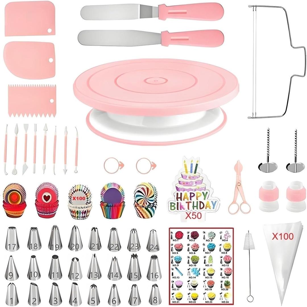 298 Pcs Cake Decorating Kit with Cake Turntable,Leveler,24 Numbered Icing Tips,2 Spatulas,3 Comb Scrapers,8 Carved Pens,100 Pastry Bags,100 Paper Cupcake Liners & More Baking Tools, (Pink)