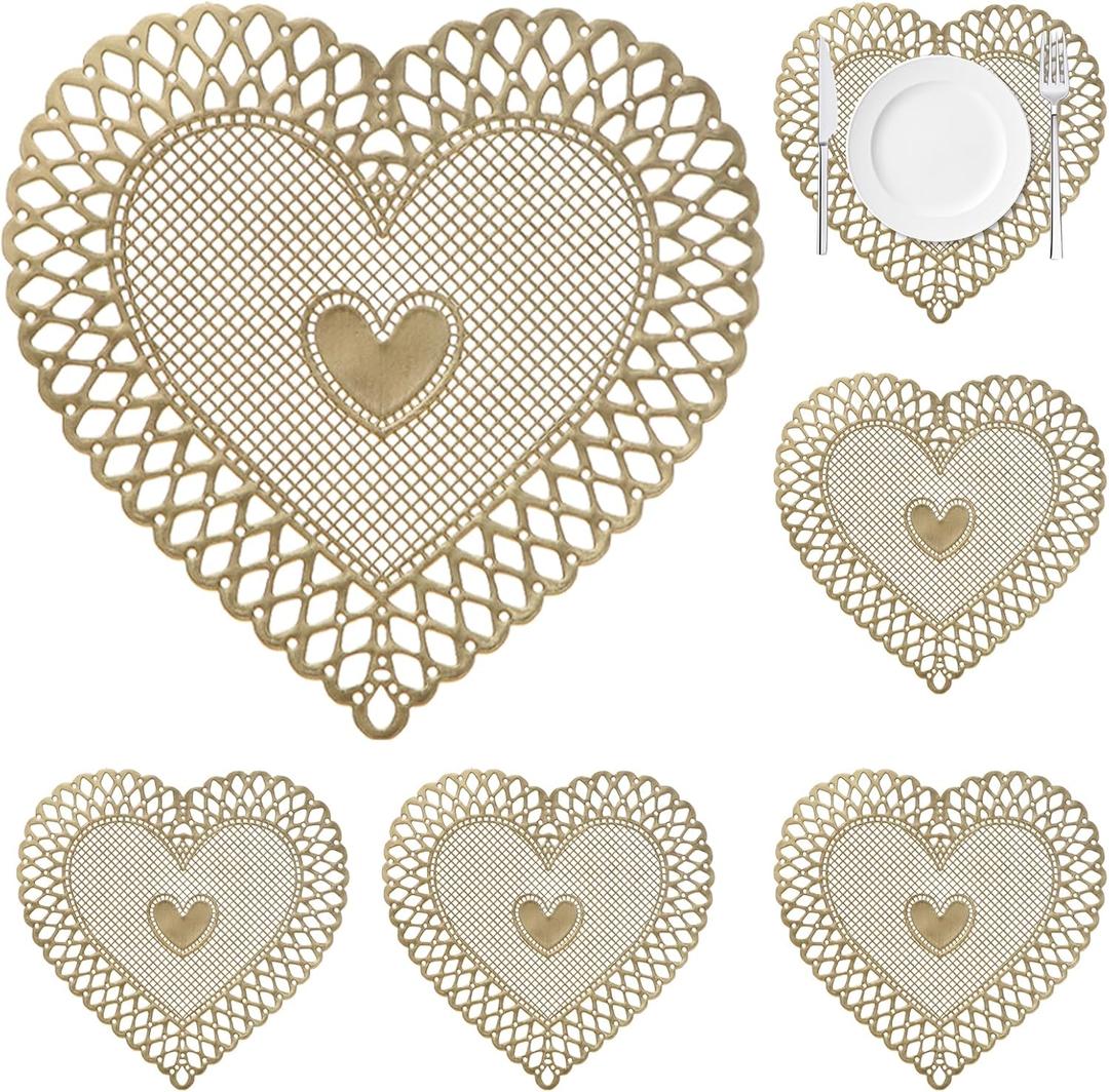 Heart-Shaped Placemats Set of 6, Gold Valentine's Day Placemats Waterproof Dining Table Mats Decor for Party Kitchen Dining 15X15inch