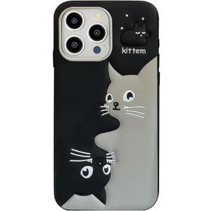 3D Couple Cat Case,Cartoon Cute Kawaii Lovely Character Lovers Cat Shape Kids Teens Girls Women Soft Silicone Case for iPhone 13/iPhone 14/iPhone 15 6.1 inch - Black