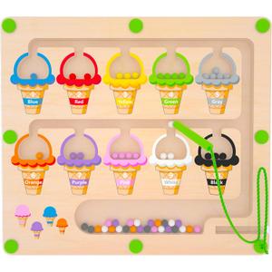 Magnetic Color & Number Maze - Montessori Wooden Color Matching Learning Counting Puzzle Board - Toddler Fine Motor Skills Toys for Boys Girls 2 3 4 Years Old, Ice Cream