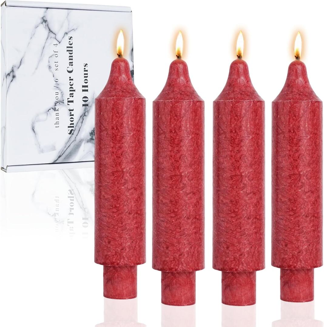 Red Short Taper Candle Crystal Candlesticks Dripless Tapered Candles for for Holiday Wedding Party Wax Unscented Dinner 6 inch Set of 4