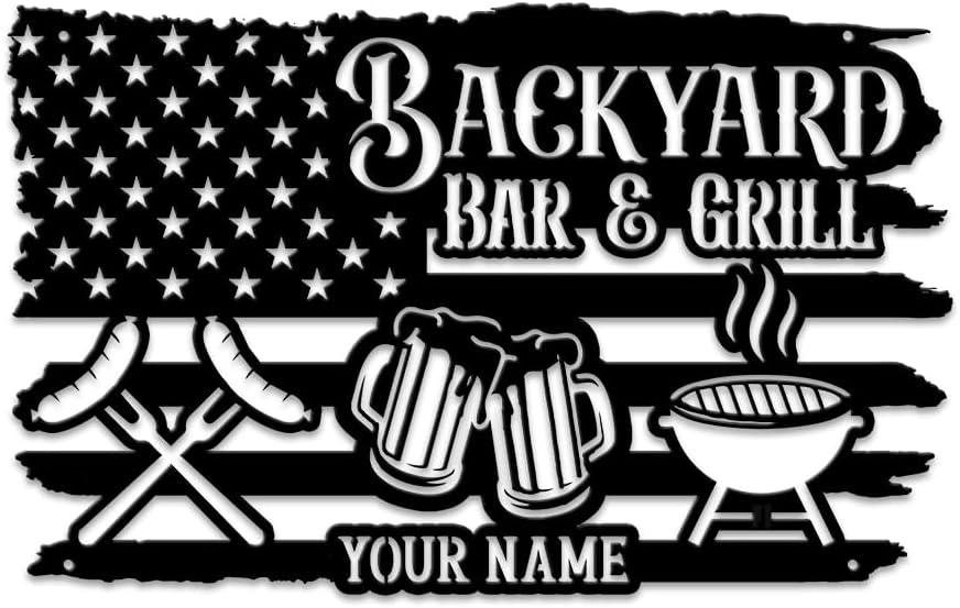 MeMate US Flag Backyard Decor Outdoor, Customized Bar and Grill Metal Sign, Personalized Large Plaque Wall Hanging Art for Patio, Men Caves, Restaurants (04)