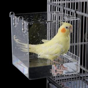 GURECOD Hanging Bird Bath Cube Bird Bathtub Bath Shower Box Bowl Cage Accessory for Little Bird Canary Budgerigar Parrots Crested Myna Cockatiel Lovebird Parakeet Bath (Small) (5.1 x 5.1 x 4.3 inch)