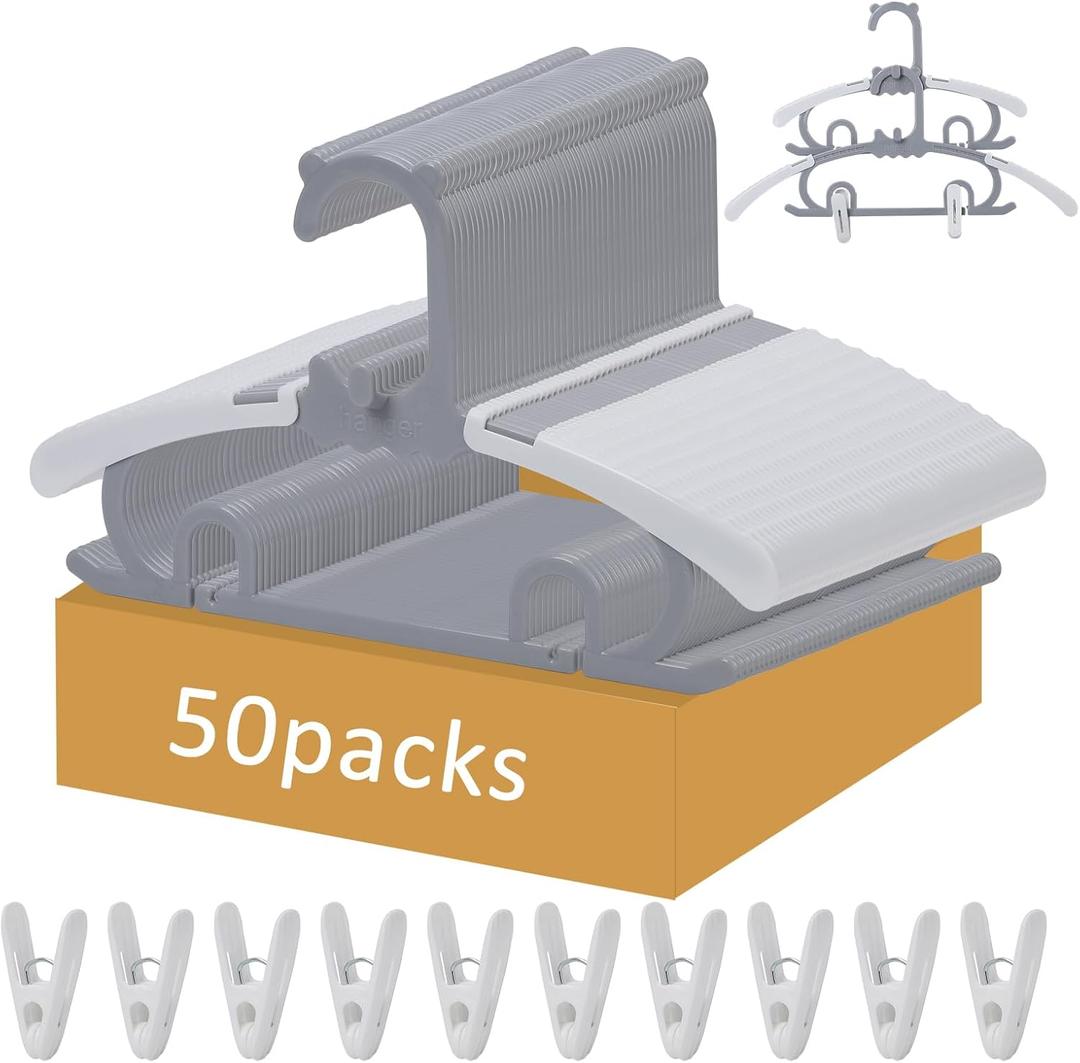 50 Pack Plastic Hangers with 16 Clips, 11-15 inch Adjustable Clothes Hanger, Durable & Non-Slip, Space Saving Coat Hangers for Pants, Jackets and Dress (Grey) (Gray)