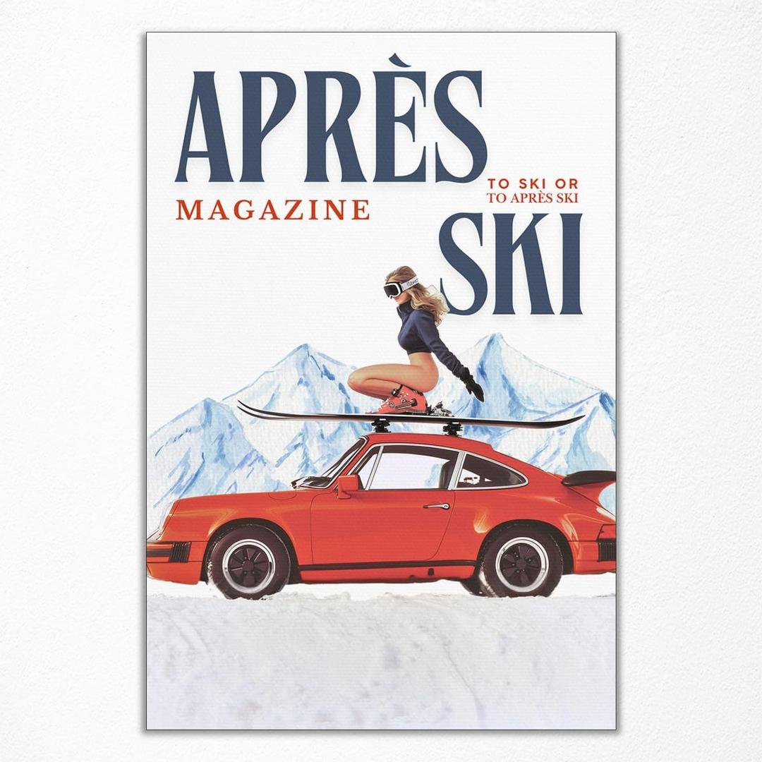 Apres Ski Canvas Wall Art, Trendy Magazine Cover Poster, Vintage Winter Snow Mountain Picture, Funky Ski Girl and Car Print, Fashion Skiing Art for Ski Lodge Party Wall Decor 12x16in Unframed