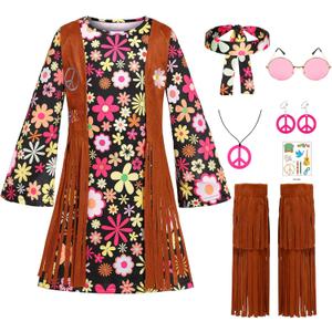 Cuteshower Kids Hippie Costume for Girls 60s 70s Hippie Dress for Halloween Party Outfit (8-9 Years)