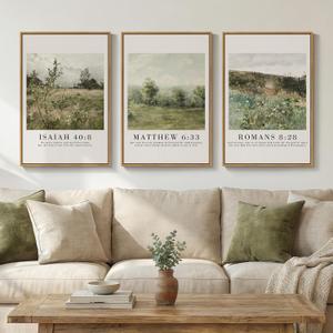 Framed Vintage Christian Wall Art Set of 3, Rustic Wildflower Landscape Bible Verse Canvas Prints, Neutral Beige Scripture Decor for Living Room Bedroom Office Prayer Room, 16x24 Inch