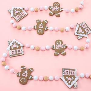 8.2ft Christmas Gingerbread Man Garland Pink Polymer Clay Christmas Gingerbread Man Banner Farmhouse Xmas Wooden Beads Hanging Ornaments for Xmas Holiday Mantel Fireplace Window Wall Decor