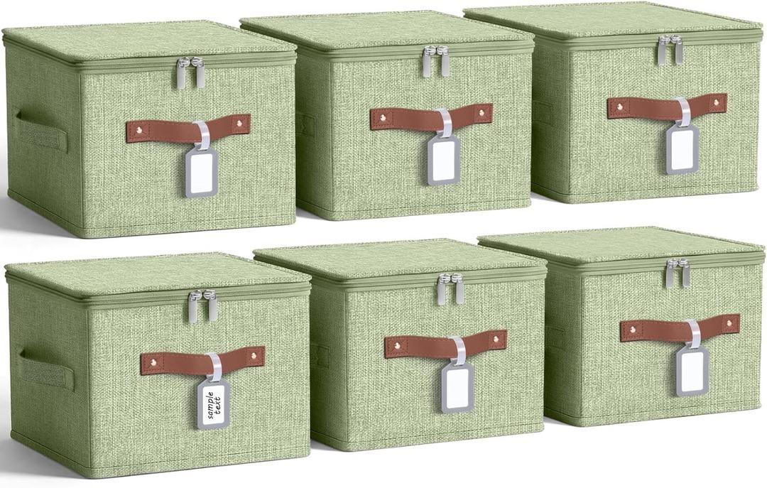 6 Pack Fabric Closet Storage Bins with Zipper Lids and Label, 10×8×7In Large Size Foldable Cotton Linen Storage Cubes Boxes with PU Leather Handles Holders for Bedroom, Shelf, Nursery, Green