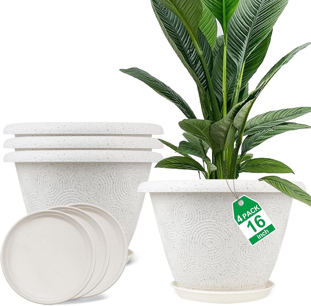 Plastic Flower Pots Planters For Indoor Plants, 4 Pack 16 Inch White Plant Pots With Drainage Hole & Tray, Modern Decorative Large Plant Pot With Saucer For Indoor Outdoor Plants Garden House Planter