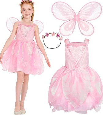 Girls Fairy Costume, Princess Dress Wings Tutu Sequin Suit for Kids Halloween Party Fancy Dress Up Dresses 4-6Y