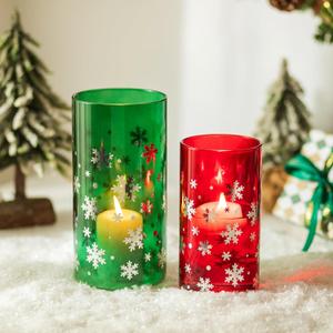 Christmas Hurricane Glass Candle Holders: Glasseam Red Green Candle Holders for Pillar Candles Silver Snowflake Decorations Large Cylinder Vases for Floating Candles Table Centerpiece