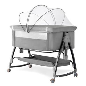 venowu Bedside Crib, 3 in 1 Bassinet with Quick Height Adjustment and Mosquito Nets Rocking Bassinet for Baby, Bedside Bassinet with Wheels, Easy to Fold, Golden Triangle Structure (Grey）