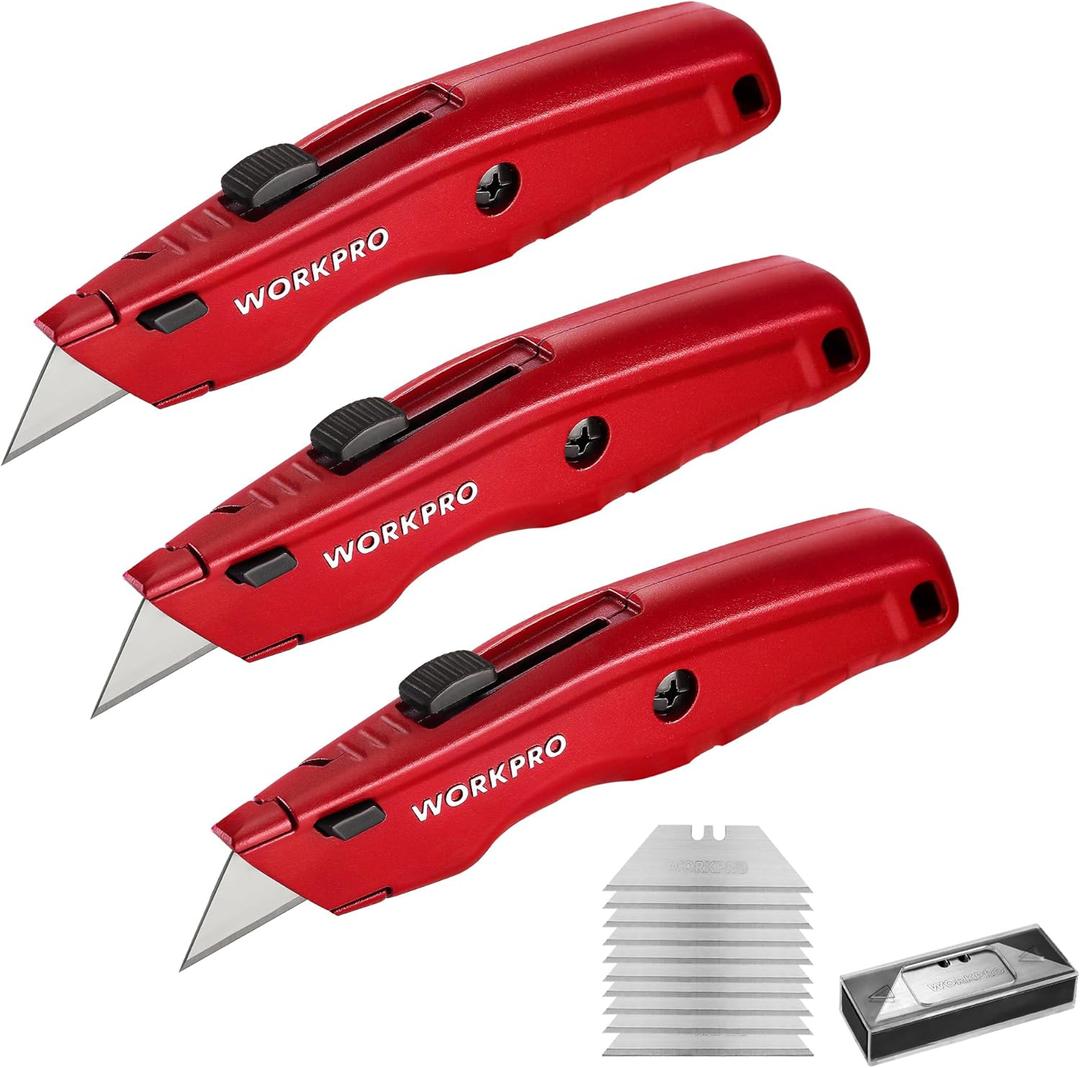 WORKPRO Premium Utility Knife, Retractable All Metal Heavy Duty Box Cutter, Quick Change Blade Razor Knife, 3PCS with 10 Extra Blades (Red)
