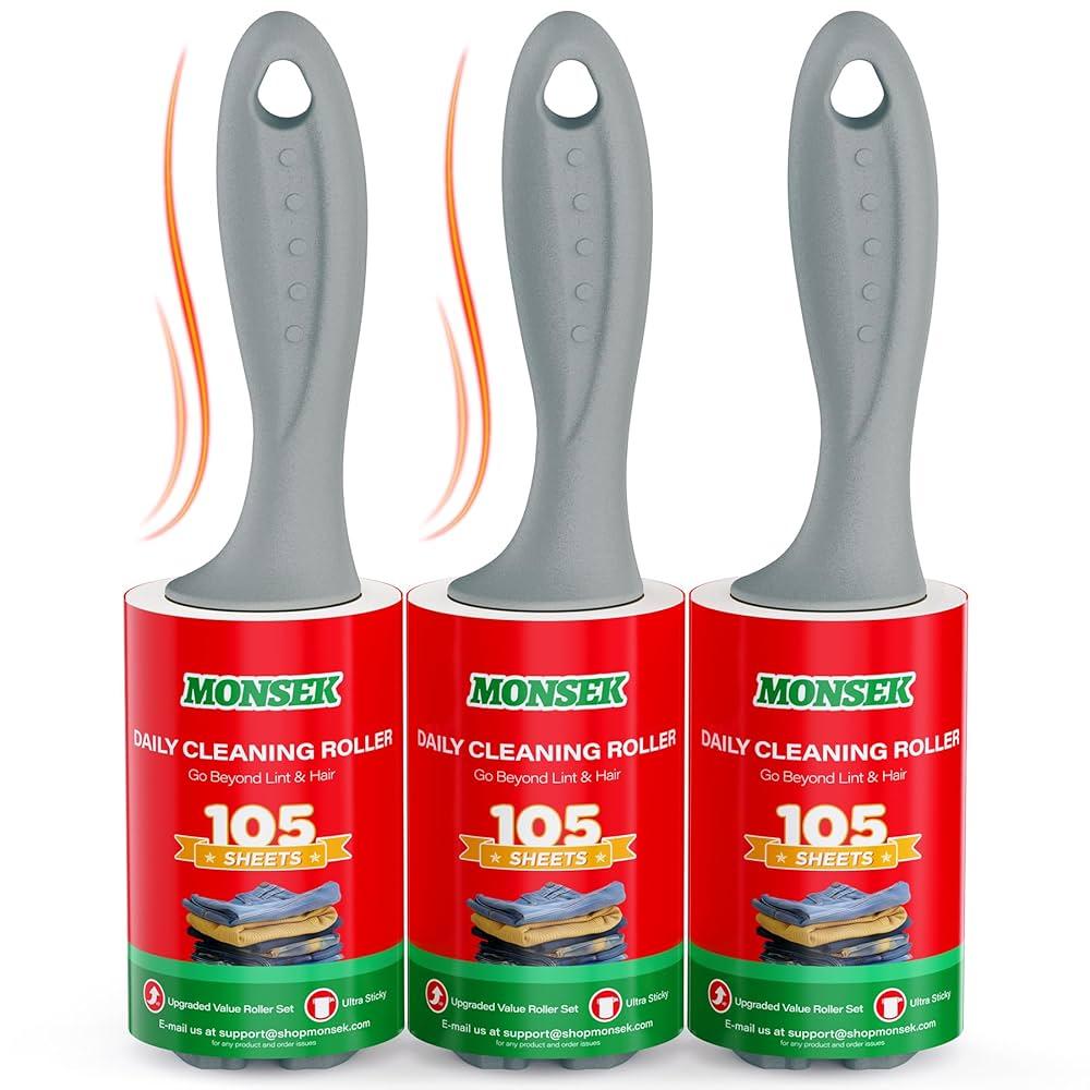MONSEK 4X Extra Sticky Lint Roller for Pet Hair, Lint Rollers 315 Sheets Mega Value Set, Pet Hair Remover with 3 Upgraded Handle 3 Rollers, Portable Lint Remover for Clothes, Furniture, Dog & Cat Hair
