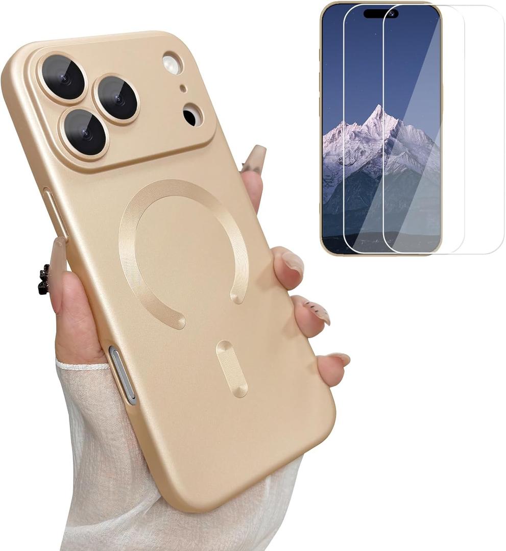 Magnetic Case for iPhone 17 Pro Max Case for Women, [Compatible with MagSafe] Matte Soft Metallic Design with Lens Protectors and 2 Screen Protectors for iPhone 17 Pro Max 6.9"-Champagne Gold