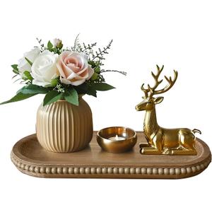 dwellington Wooden Farmhouse Decorative Tray, 11.8in Rustic Beaded Tray for Living Room Decor, Kitchen Table Dcor, Oval Coffee Table Serving Tray (Natural)