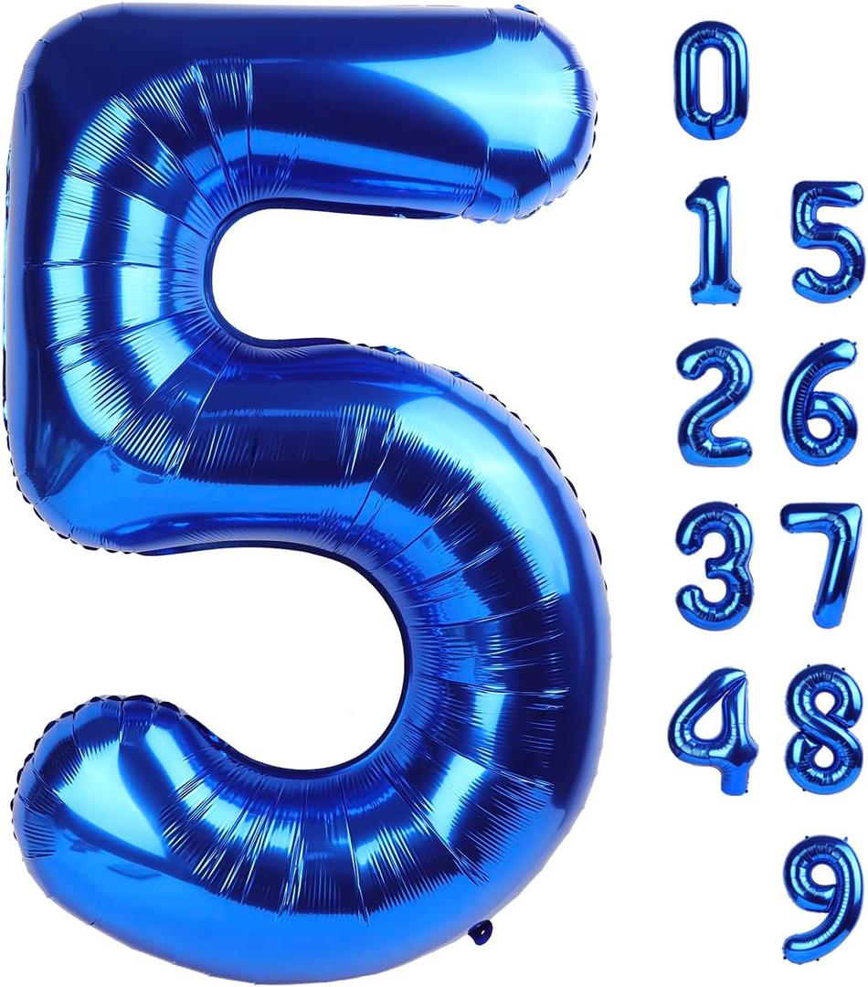 5 Balloon Numbers 40 Inch Blue Birthday Decorations for 5th Boys Girls, Self Inflating Big Navy Number Balloons for 15 25 35 50 Women Men Graduation Party Decor Supplies