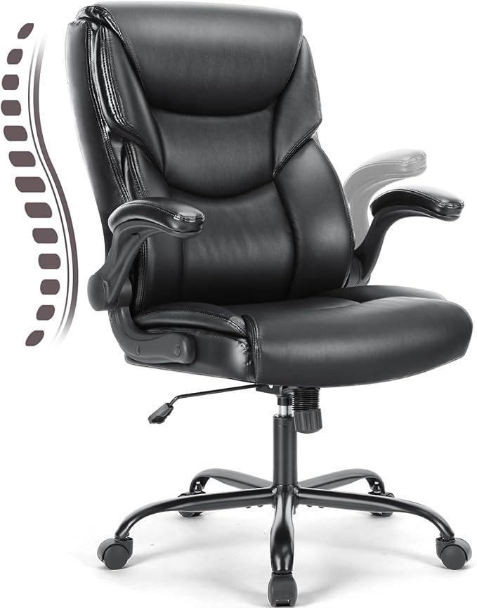 DUMOS Office Chair - Ergonomic Executive Computer Desk Chairs with Adjustable Flip-up Armrest, Swivel Task Chair with Lumbar Support, Strong Metal Base, PU Leather, Black