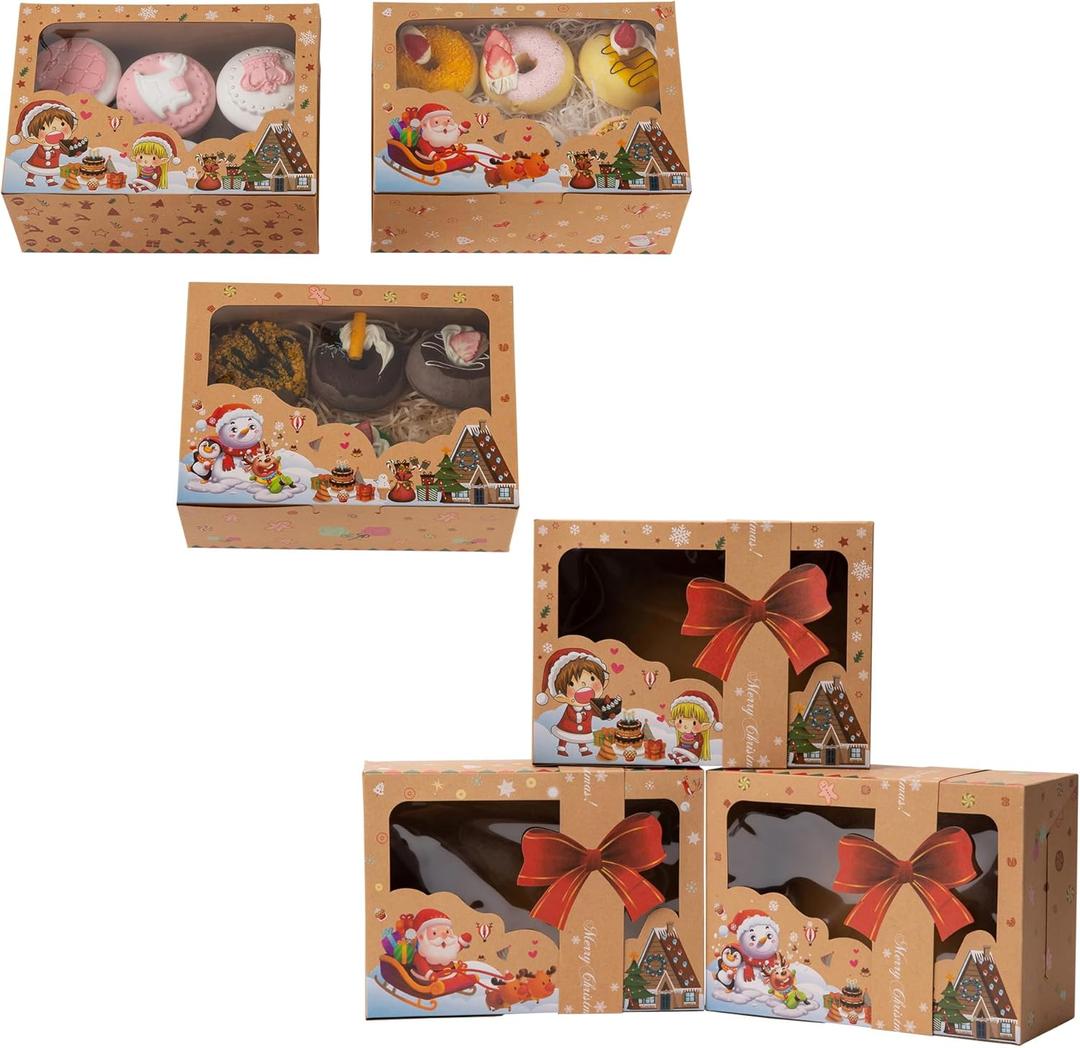 12 Packs Christmas Cookie Boxes with Clear Window, and Bow Tie, Kraft Cupcake Boxes, Biscuit Candy Bakery Boxes Gift Treat Boxes for Party Supplies