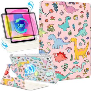 Shorogyt for iPad A16 11th Generation 11 inch 2025 /for i Pad 10th Generation case Magnetic Stand for Women - Cute Design 360 Degree Rotating Covers Girls Kids Boys with Pencil Holder,Dinosaur