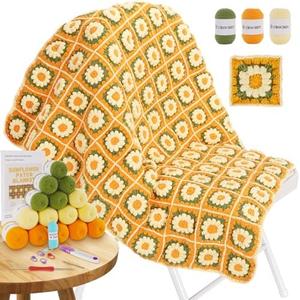 Blanket Crochet Kit for Beginners, Granny Squares Crochet Blanket Kit with Soft Yarns, Detailed Instructions & Step-by-Step Tutorials, Easy Knitting Kit for Beginner Craft Gift(Yellow Sunflower)