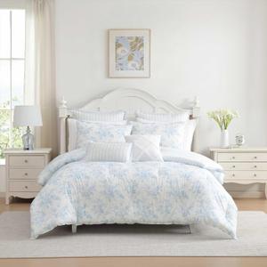 Laura Ashley - Twin Bonus Comforter Set, Soft Reversible Bedding Set, 5 Piece Bed Set with Matching Pillowcases, Euro Shams, & Throw Pillow Covers (Annalise Floral/Dilly Dally Stripe Blue)