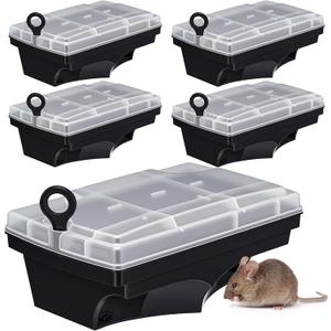 6 Pack Rat Bait Stations with Key Reusable Mouse Stations Mice Blocks Heavy Duty Boxes for Outdoor Rodents Mice Blocks, Bait Not Included (Transparent Lid,Black)