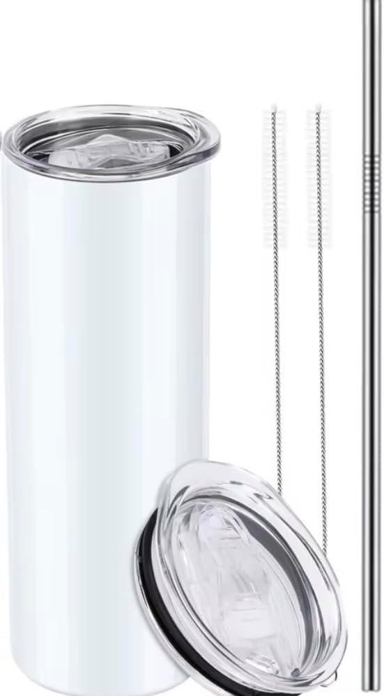 Stainless Steel Skinny Tumbler, 20 oz Vacuum Insulated Tumbler with Lid and Straw, Double Wall Coffee Cup, Travel Mug for Cold Hot Drinks, White 1 Pack