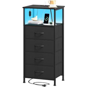 Somdot Black Nightstand with Charging Station and LED Light for Bedroom, Tall 4 Drawers Dresser with Fabric Bins for Bedside Kids Dorm Room Closet Laundry Entryway, Black
