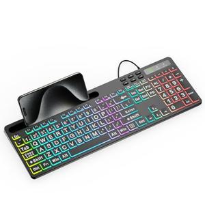 MARVO Large Print Backlit Keyboard, WK712 Wired Computer Keyboards with 7 Colors & 11 Modes Backlight, Tablet Phone Holder and Quiet Light Up Keys, Full-Size Gaming Keyboard for Windows, Mac